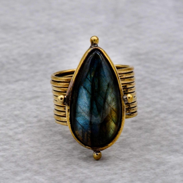Teardrop Labradorite Statement Ring: Wide Brass Band, Boho Engagement