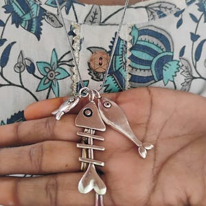 Silver Fish Skeleton Pendant: Brass Sardine Charm, Ocean Jewelry