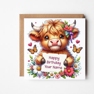 Personalised Highland Cow Birthday Card, Highland Cow Gift, Cute Birthday Card For Her, Mum Nan Daughter, Best Friend Birthday Card