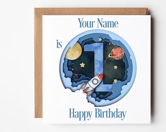 Personalised Space Birthday Card, Ages 1-9 Birthday Card, Rocket Birthday Card