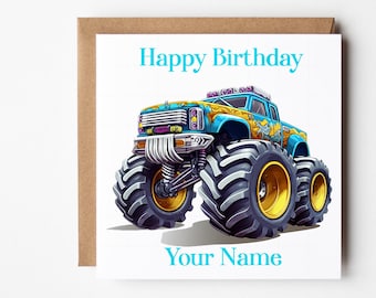 Personalised Monster Truck Birthday Card, Custom Name Card