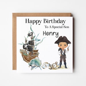 May include: A square greeting card featuring the text Happy Birthday To A Special Son Henry. The illustration includes a pirate ship with black skull sails, a cartoon pirate character, a whale, a sailor hat, an anchor, and a pocket watch.