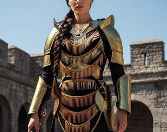 Handmade Golden Warrior Armor Set – Spiked Chainmail Fringe Cosplay Costume