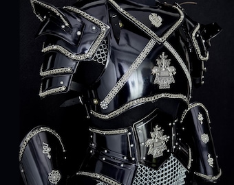 Black Steel Gothic Rüstung Set, Fantasy Ritterin Cosplay Kostüm, Mittelalter LARP Cuirass