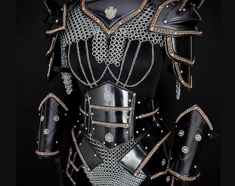 Ensemble d'armures de guerrier fantastique noir, déguisement cosplay en cotte de mailles, épaulettes en acier GN