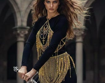 Gold Chain Body Harness Set with Waist Skirt | Medieval  Body Jewelry | Goddess Chainmail Costume | Festival & Cosplay Statement Piece