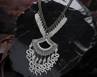 Gothic Snake Pendant Necklace | Feather Chain, Medieval Cosplay