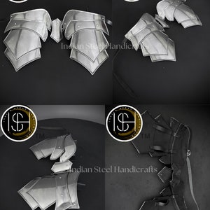 May include: Four different styles of metal armor for the chest and shoulders. The armor is made of silver metal and has a layered design. The armor is shown on a black background. The image also includes the text "Indian Steel Handicrafts" and a logo with the letters "ISH" and a dollar sign.