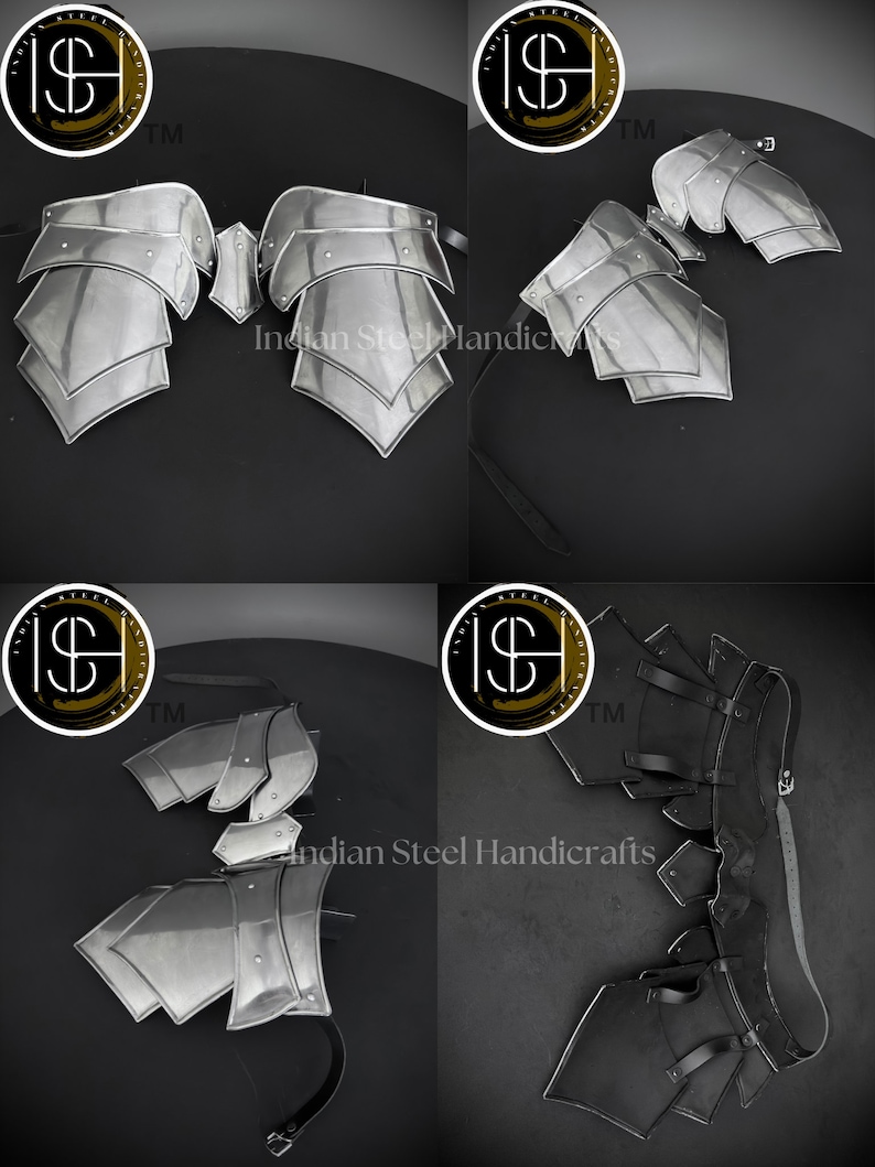 May include: Four different styles of metal armor for the chest and shoulders. The armor is made of silver metal and has a layered design. The armor is shown on a black background. The image also includes the text "Indian Steel Handicrafts" and a logo with the letters "ISH" and a dollar sign.