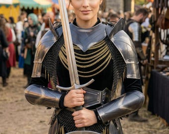 Blackened Steel Armor Set | Medieval Knight Cosplay with Gold Chains