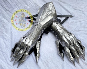 Etched Steel Knight Gauntlets: Medieval SCA LARP Armor Gloves