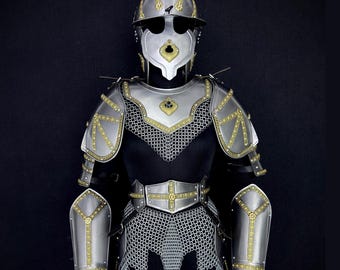 Handgefertigte Stahl Ritter Rüstung Set - Mittelalterliche Voll Anzug Gold Detaillierung, LARP, Cosplay, Sammlerstück.