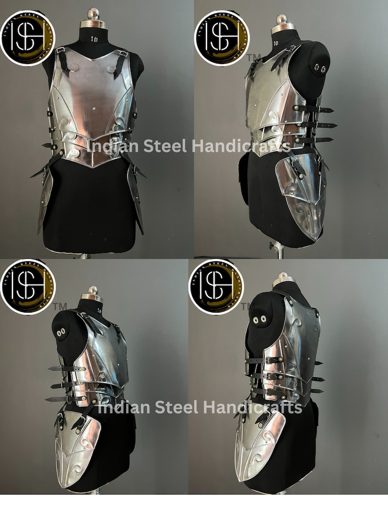 May include: A silver metal breastplate and skirt armor set with black leather straps. The armor is displayed on a black mannequin. The image includes the text "Indian Steel Handicrafts".