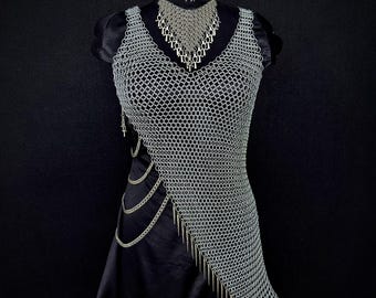 Handmade Steel Chainmail Dress Set with Statement Necklace, Festival Armor Outfit