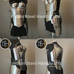 May include: Silver-toned metal armor set for the torso and hips. The armor is made of plates and has a decorative design. The armor is displayed on a black mannequin. The image includes the text "Indian Steel Handicrafts".