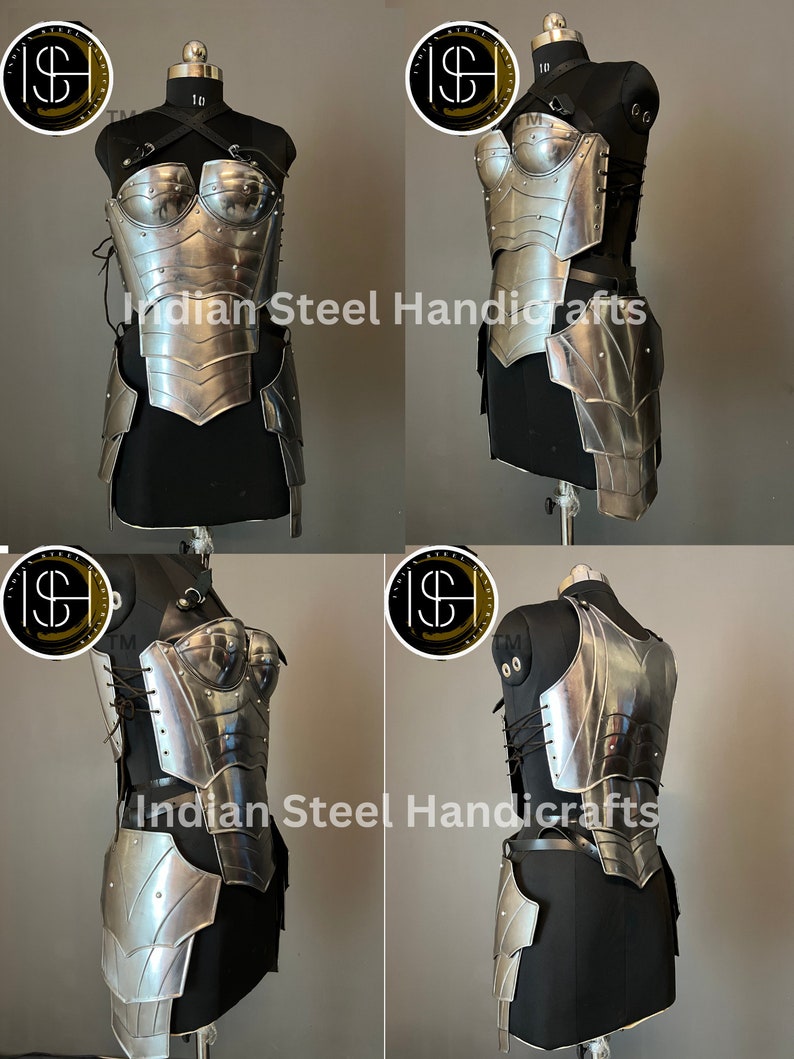 May include: Silver-toned metal armor set for the torso and hips. The armor is made of plates and has a decorative design. The armor is displayed on a black mannequin. The image includes the text "Indian Steel Handicrafts".