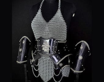 Handcrafted Medieval Chainmail & Black Steel Armor Set, Fantasy Warrior Costume (LARP, Cosplay)