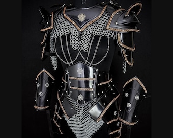 Schwarz Fantasy Krieger Rüstung Set, weibliche Rüstung Kostüm , Kettenhemd Fantasy Rüstung, LARP Cosplay Rüstung.