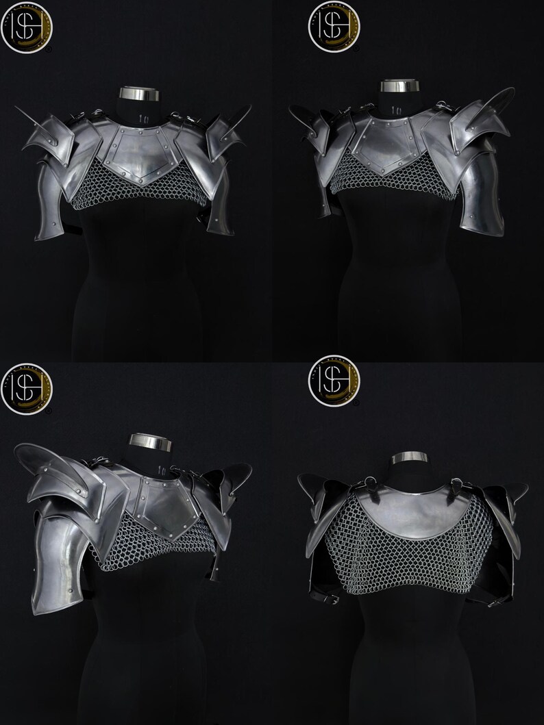 Peut inclure: Un ensemble de quatre pi&egrave;ces d'armure d'&eacute;paule en m&eacute;tal argent&eacute;. Chaque pi&egrave;ce est dot&eacute;e d'un collier de cotte de mailles et d'un motif d&eacute;coratif. L'armure est pr&eacute;sent&eacute;e sur des mannequins sur fond noir.