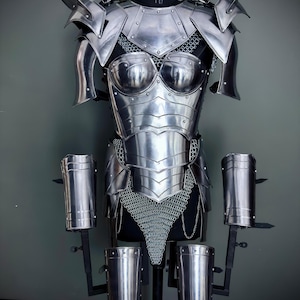 Peut inclure: Une armure compl&egrave;te en argent, comprenant une cuirasse, des &eacute;paulettes, des gantelets et des jambi&egrave;res. L'armure est expos&eacute;e sur un mannequin.