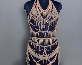 Goldketten-Körperpanzer-Set | Göttin Harness & Rock, Festival Wear