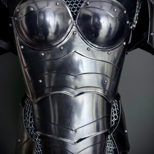 Peut inclure: Une cuirasse en m&eacute;tal argent&eacute; avec un motif de cotte de mailles. La cuirasse a une finition lisse et polie et est d&eacute;cor&eacute;e de rivets.