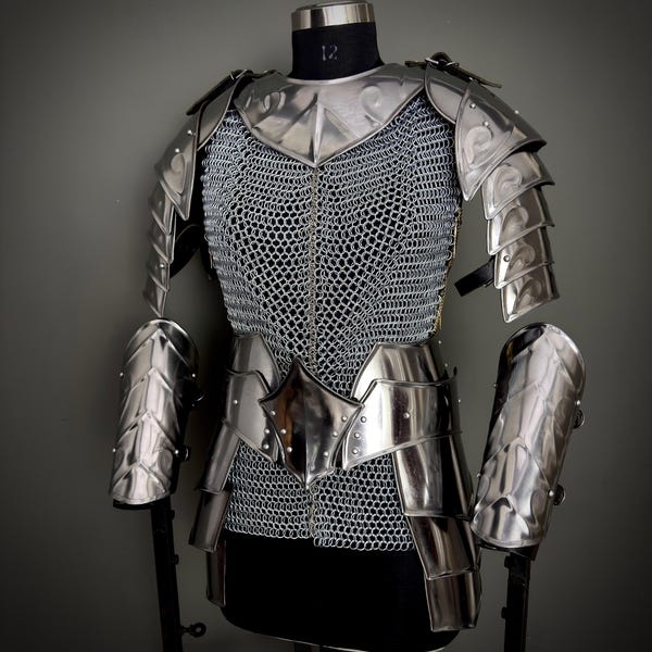 Handmade Steel Chainmail Armor | Knight Hauberk, Pauldrons & Arm Guards