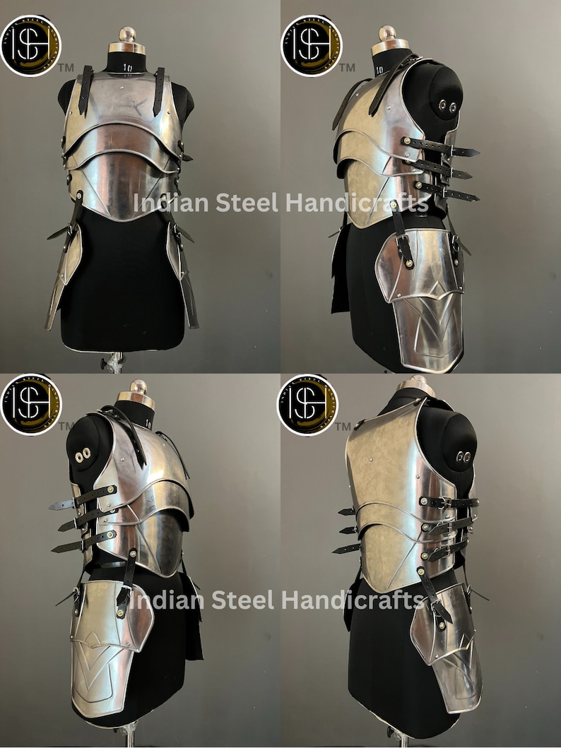 May include: A silver metal breastplate and skirt armor set with black leather straps. The armor is displayed on a mannequin. The image includes the text "Indian Steel Handicrafts" and "ISH TM".