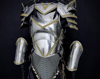 Full Body Knight Armor Suit – Steel Gothic Armor, Gold Trim, LARP Cosplay Harness