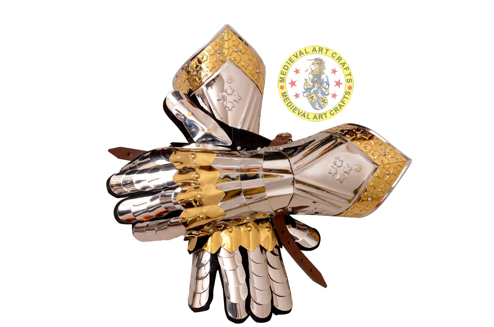 Medieval Steel Gothic Gauntlets with brass decor and leather gloves inside movable functional finger for LARP /& re-enactment use.
