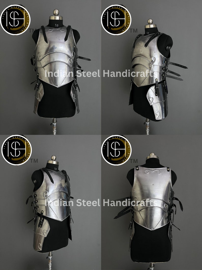 May include: A silver metal breastplate with decorative details and straps. The breastplate is displayed on a mannequin. The image includes the text "Indian Steel Handicrafts".