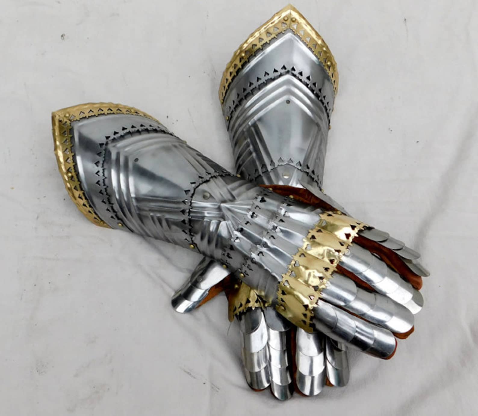 Medieval Steel Gothic Gauntlets with brass decor and leather Etsy