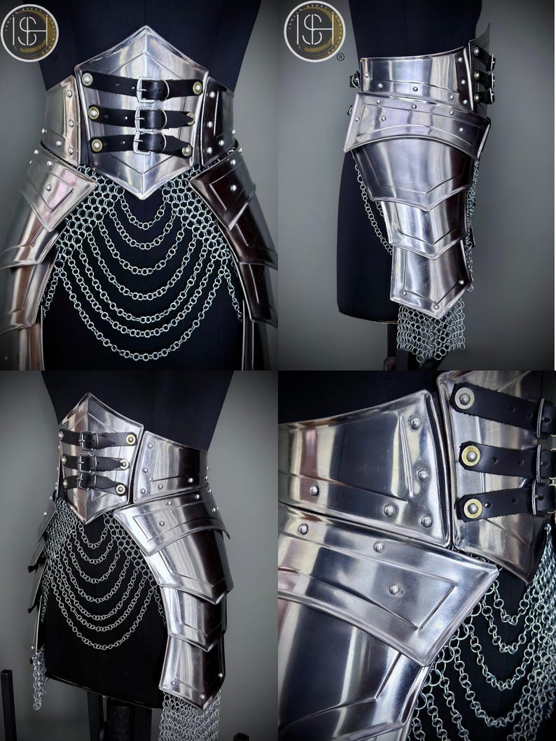 K&ouml;nnte beinhalten: Ein silberfarbenes, segmentiertes R&uuml;stungsset mit schwarzen Lederriemen und Schnallen. Die R&uuml;stung verf&uuml;gt &uuml;ber einen Kettenrock und wird auf einer Schaufensterpuppe pr&auml;sentiert. Das Design umfasst Nietdetails und ein poliertes Finish, das ein mittelalterliches oder Fantasy-Thema zeigt.