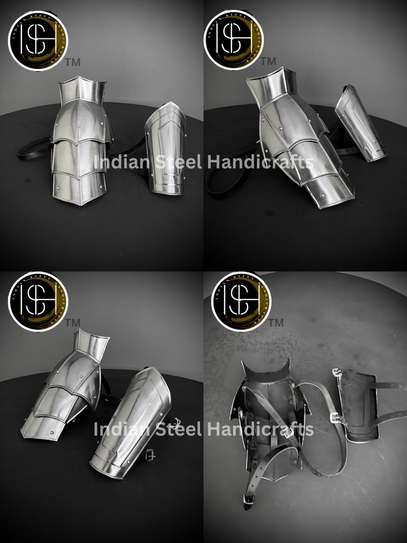 K&ouml;nnte beinhalten: Ein Satz von vier silberfarbenen Armr&uuml;stungen aus Metall mit Lederriemen. Die Armr&uuml;stungen sind so konzipiert, dass sie Unterarm und Oberarm sch&uuml;tzen. Die Armr&uuml;stungen sind aus Metall gefertigt und haben eine polierte Oberfl&auml;che. Die Lederriemen dienen dazu, die Armr&uuml;stungen am Arm zu befestigen.