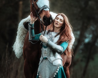 Medieval Warrior Female Armor Set – Handmade Steel Armor & Chainmail Portrait.