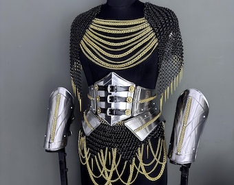Black Gold Chainmail Armor Set, Medieval Warrior Costume, Steel LARP Outfit