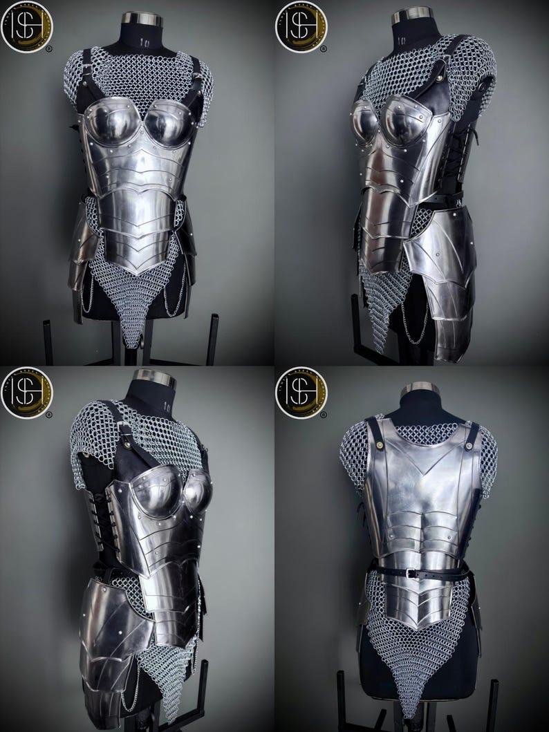 Peut inclure: Une cuirasse et une jupe en armure en m&eacute;tal argent&eacute; avec des accents de cotte de mailles. L'armure est expos&eacute;e sur un mannequin.