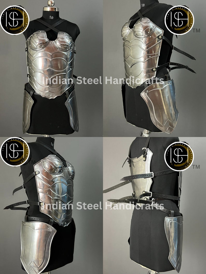 May include: A silver metal breastplate and skirt armor with leather straps. The armor is displayed on a mannequin. The image includes the text "Indian Steel Handicrafts".