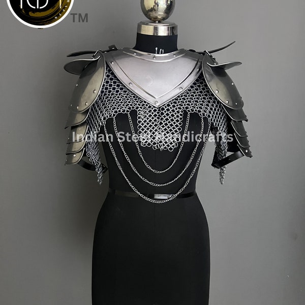 Knight Brave Female Armor, Gorget Pouldron Armor, Chaianmail Stylish top,Cosplay Armor, Sca Armor, Larp Armor, Gifts for Women.