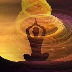 May include: A silhouette of a person meditating in a lotus pose, surrounded by swirling, abstract patterns in shades of yellow and orange.