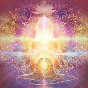 May include: A digital art image of a person meditating in a lotus position with a bright light emanating from their body. The background is a mandala with intricate details in gold and purple.
