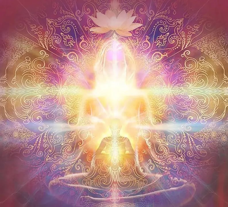 May include: A digital art image of a person meditating in a lotus position with a bright light emanating from their body. The background is a mandala with intricate details in gold and purple.