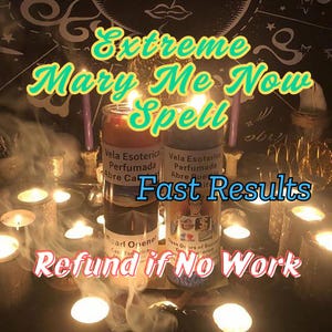 May include: A candle magic spell kit with two candles, one labeled "Vela Esoterica Perfumada Abre Camino" and the other labeled "Vela Esoterica Perfumada Abre Puerta". The candles are surrounded by lit tea lights and the text "Extreme Mary Me Now Spell Fast Results Refund if No Work" is visible.