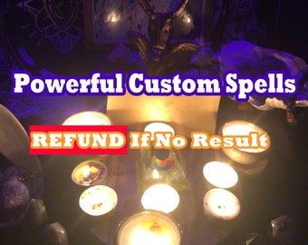 May include: A table with lit candles and crystals, with the text "Powerful Custom Spells" and "REFUND If No Result" on the table. The image is a close-up of the table and the candles.