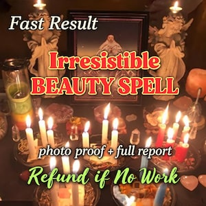 Puede incluir: Un montaje ritual con varias velas blancas y rojas encendidas, dos figuras de ángeles y una imagen enmarcada. Los textos superpuestos dicen Fast Result, Irresistible BEAUTY SPELL, photo proof + full report y Refund if No Work.