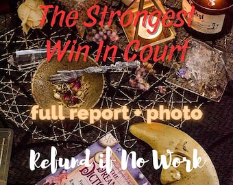 May include: A close-up of a table with a variety of objects, including a book titled "The Dreamer's Dictionary", a candle, a crystal, and a crescent moon-shaped object. The text "The Strongest Win In Court" is written in red letters across the top of the image. The text "full report + photo" is written in orange letters below the title. The text "Refund if No Work" is written in orange letters at the bottom of the image.