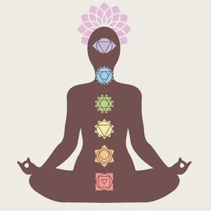 May include: A brown silhouette of a person sitting in a yoga pose with seven colorful chakras aligned along the spine. The chakras are symbols representing energy centers in the body. The top chakra is purple, followed by indigo, green, yellow, orange, red, and pink.