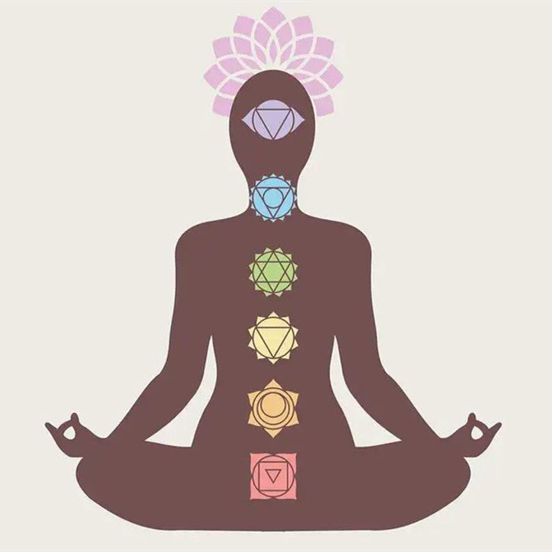 May include: A brown silhouette of a person sitting in a yoga pose with seven colorful chakras aligned along the spine. The chakras are symbols representing energy centers in the body. The top chakra is purple, followed by indigo, green, yellow, orange, red, and pink.