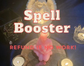 May include: A pink candle in the shape of a person, surrounded by three lit tea lights and a small angel figurine. The text "Spell Booster" is written in large red letters above the candle, and the text "REFUND IF NO WORK!" is written below the candle.