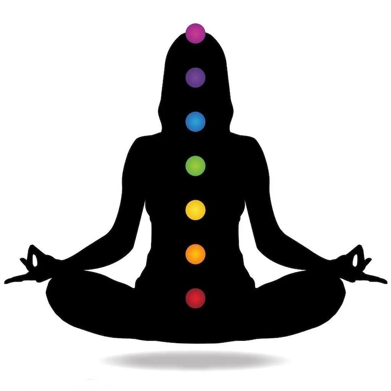 May include: A silhouette of a person sitting in a yoga pose with seven colored circles along the spine, representing the seven chakras.